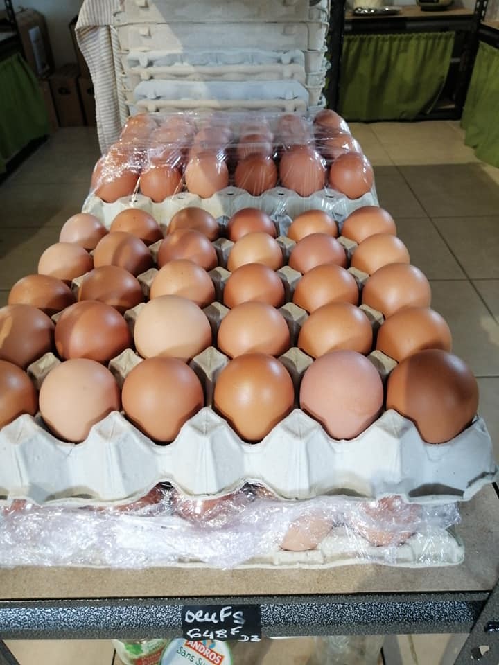 Plateaux d'œufs empilés, avec étiquette de prix.